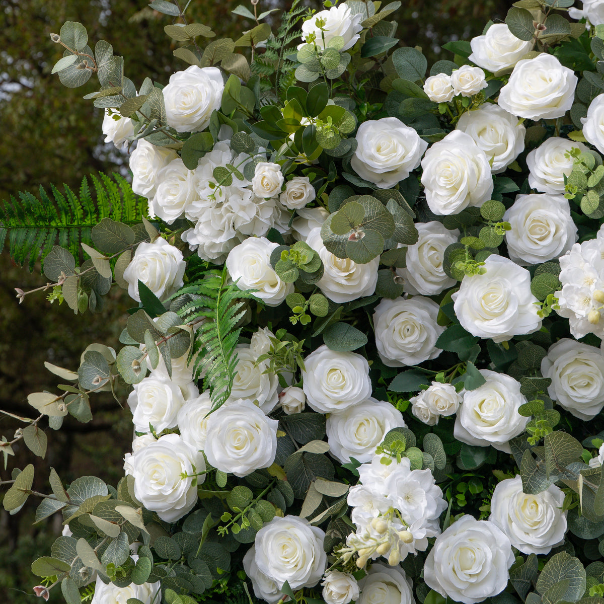 Orin | 5D Elegant White Silk Rose & Greenery Wall Roll-Up Fabric Backdrop for Grand Garden Weddings & Receptions | Shipping Included