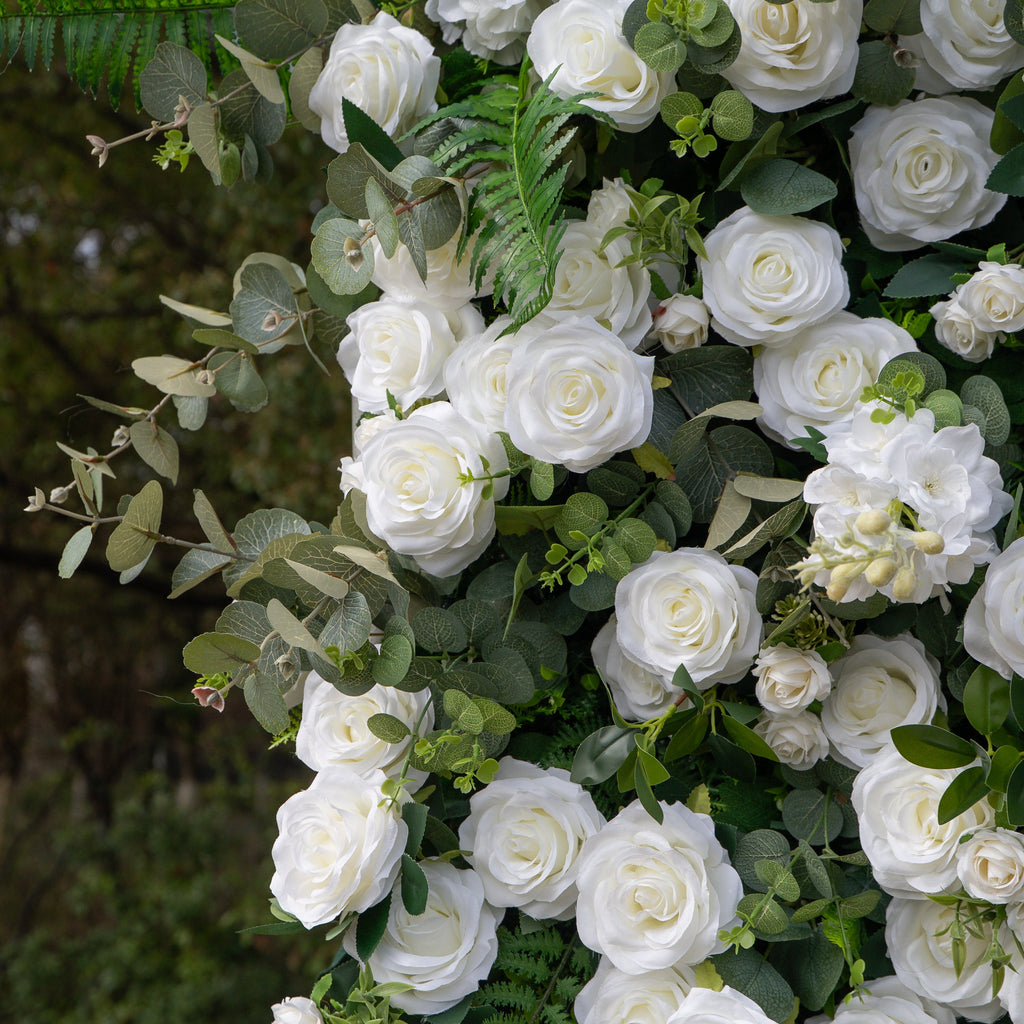 Orin | 5D Elegant White Silk Rose & Greenery Wall Roll-Up Fabric Backdrop for Grand Garden Weddings & Receptions | Shipping Included