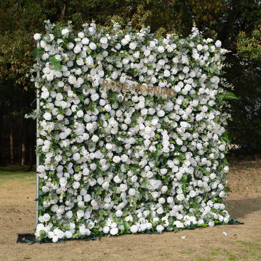 Orin | 5D Elegant White Silk Rose & Greenery Wall Roll-Up Fabric Backdrop for Grand Garden Weddings & Receptions | Shipping Included