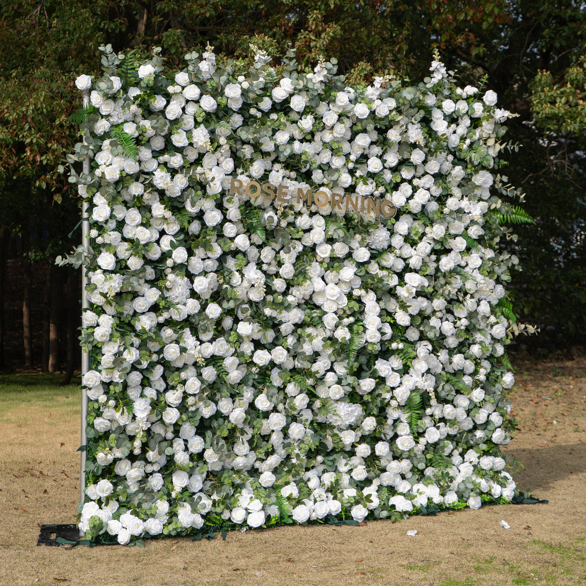 Orin | 5D Elegant White Silk Rose & Greenery Wall Roll-Up Fabric Backdrop for Grand Garden Weddings & Receptions | Shipping Included
