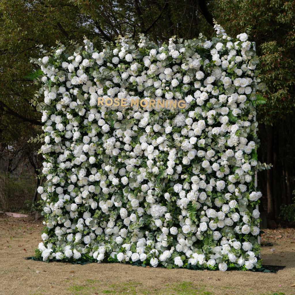 Orin | 5D Elegant White Silk Rose & Greenery Wall Roll-Up Fabric Backdrop for Grand Garden Weddings & Receptions | Shipping Included