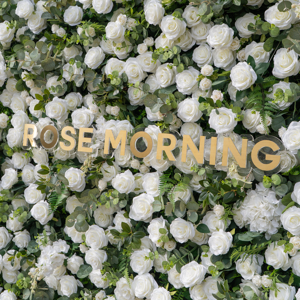 Orin | 5D Elegant White Silk Rose & Greenery Wall Roll-Up Fabric Backdrop for Grand Garden Weddings & Receptions | Shipping Included