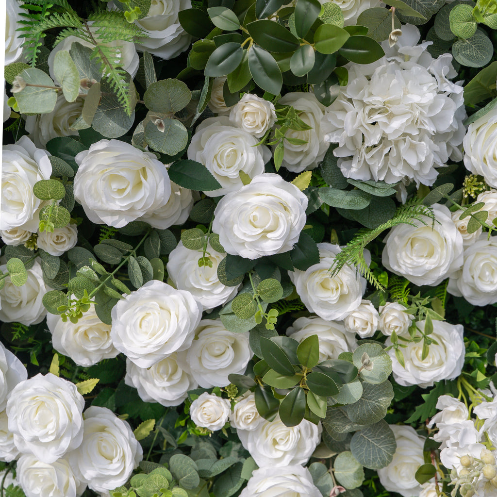 Orin | 5D Elegant White Silk Rose & Greenery Wall Roll-Up Fabric Backdrop for Grand Garden Weddings & Receptions | Shipping Included