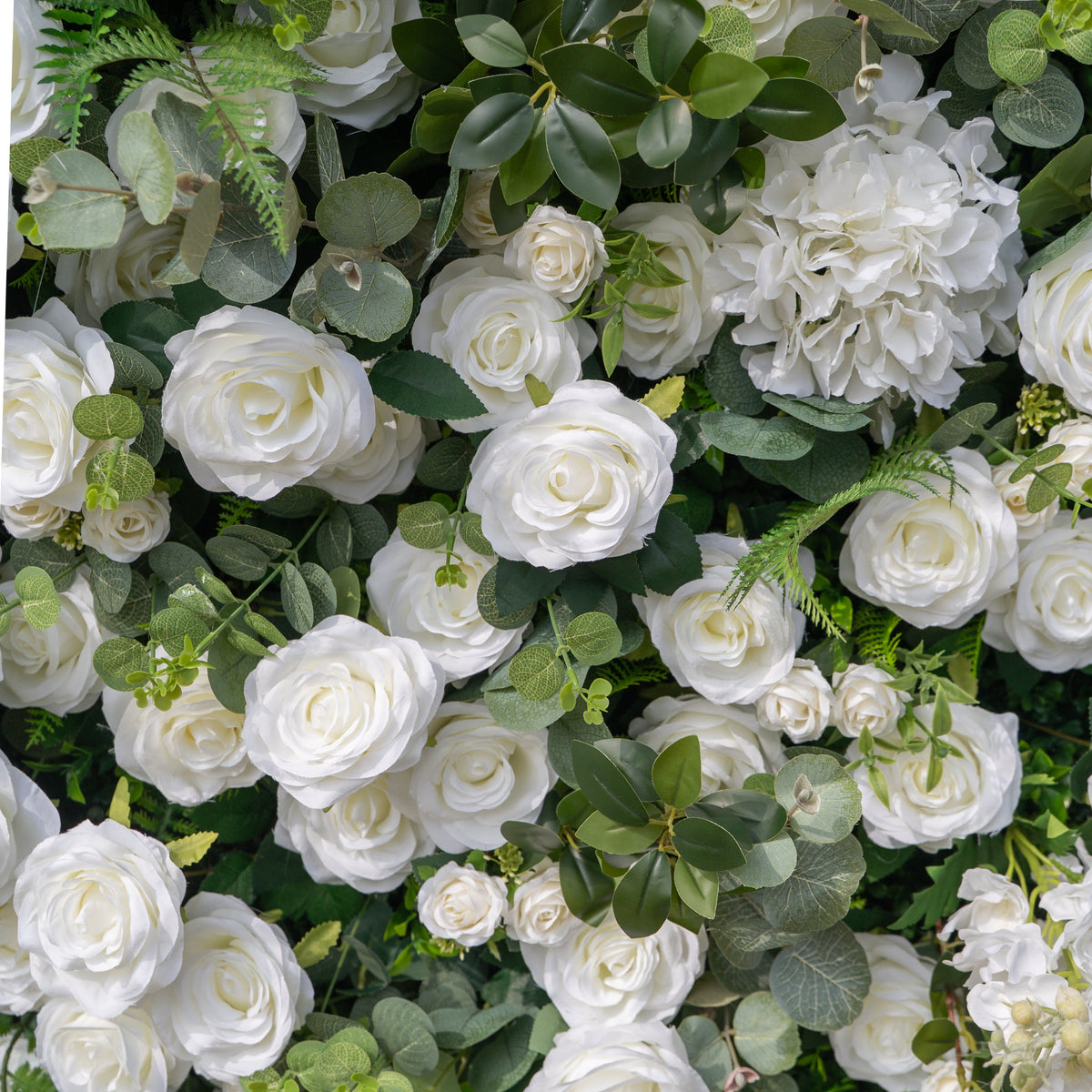 Orin | 5D Elegant White Silk Rose & Greenery Wall Roll-Up Fabric Backdrop for Grand Garden Weddings & Receptions | Shipping Included