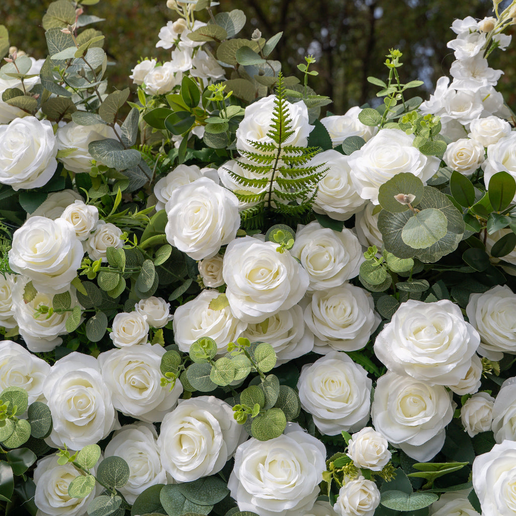 Orin | 5D Elegant White Silk Rose & Greenery Wall Roll-Up Fabric Backdrop for Grand Garden Weddings & Receptions | Shipping Included