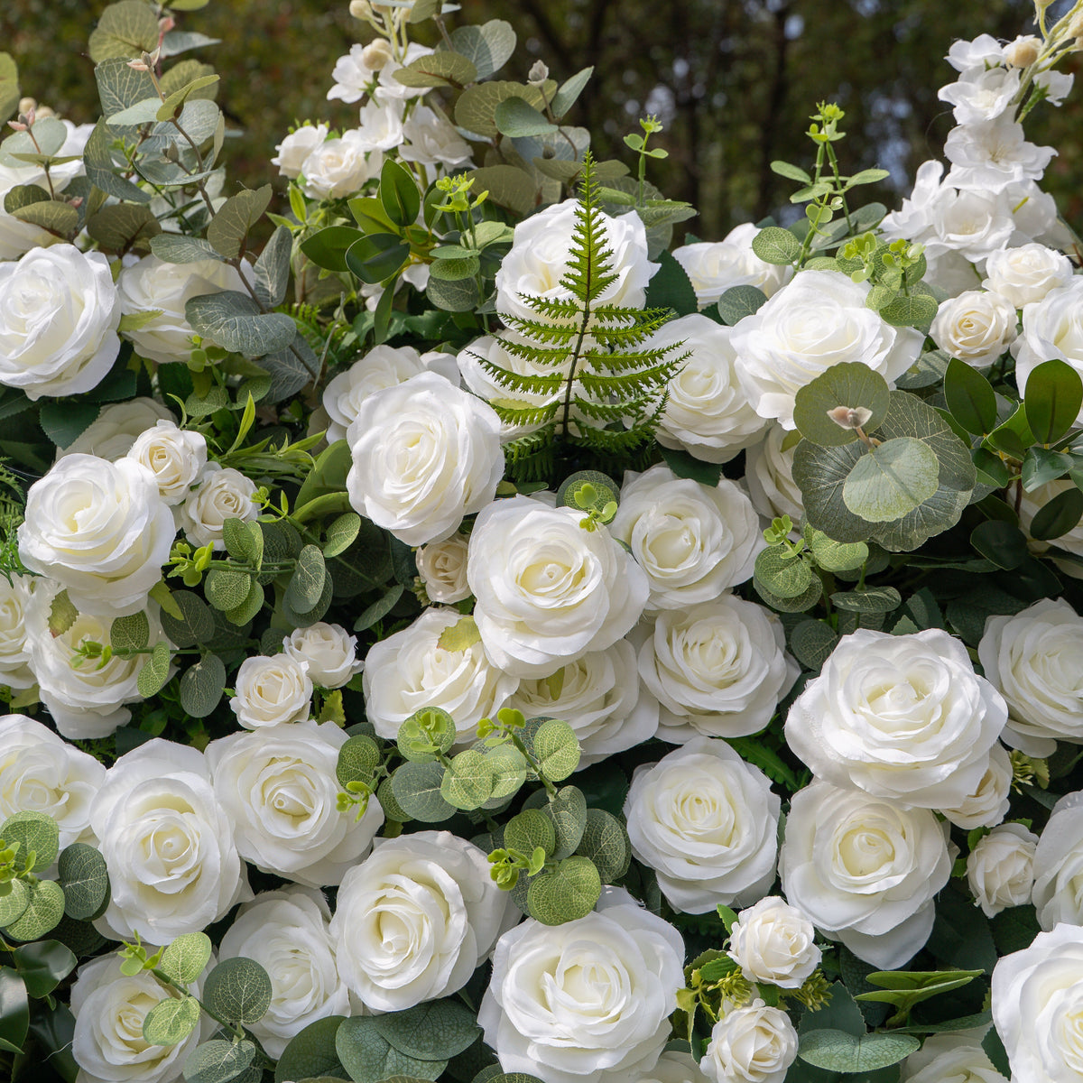 Orin | 5D Elegant White Silk Rose & Greenery Wall Roll-Up Fabric Backdrop for Grand Garden Weddings & Receptions | Shipping Included