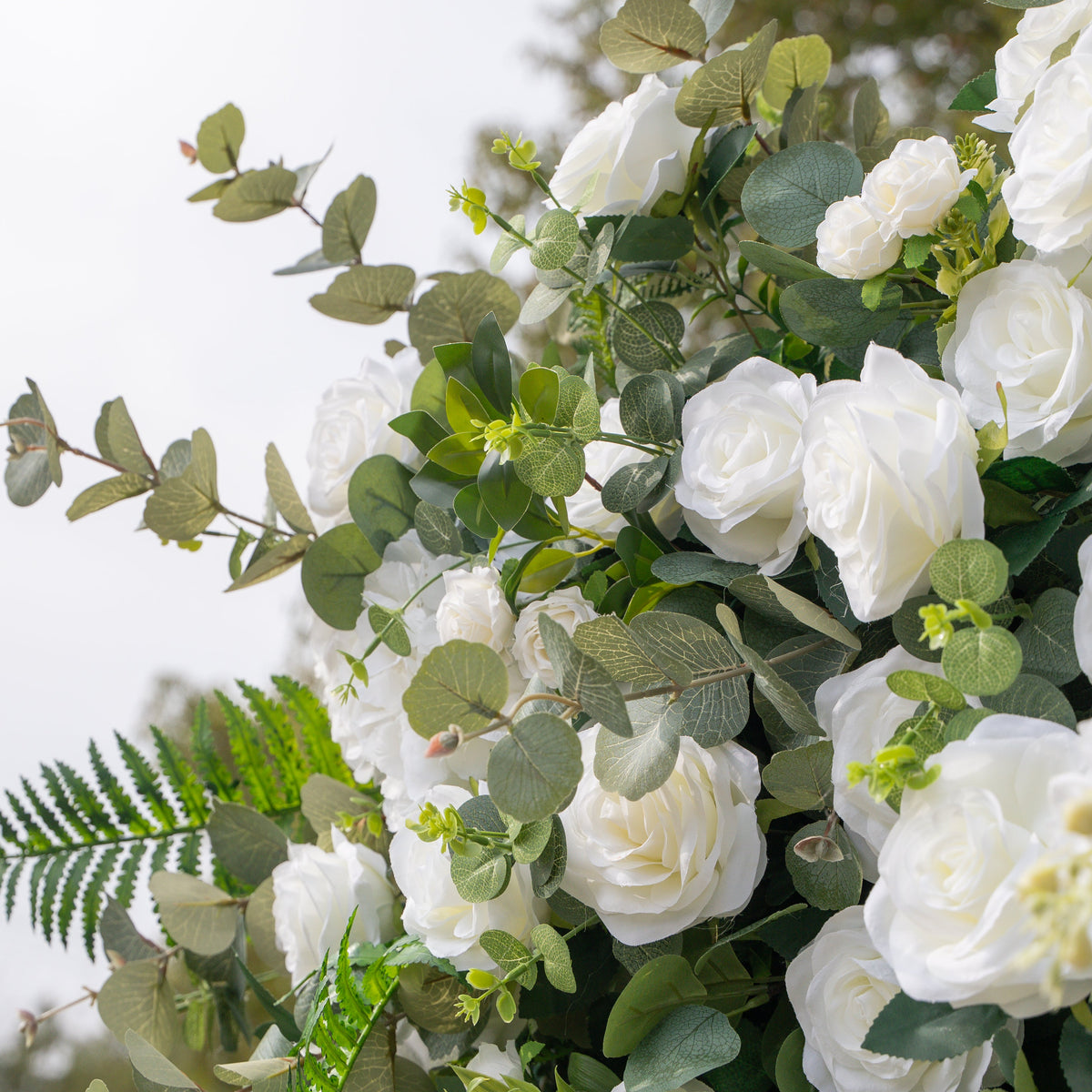 Orin | 5D Elegant White Silk Rose & Greenery Wall Roll-Up Fabric Backdrop for Grand Garden Weddings & Receptions | Shipping Included