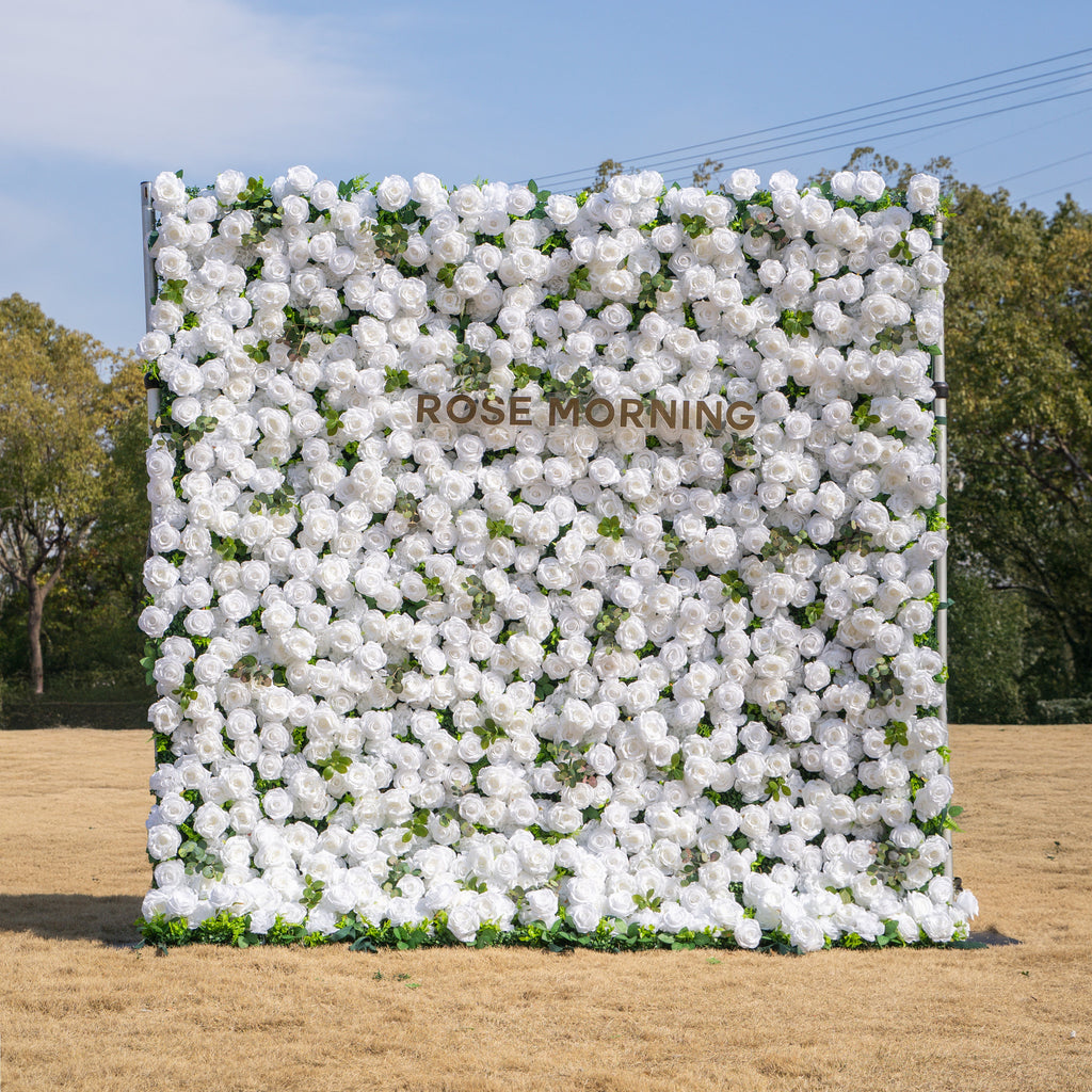 Seren | 3D Luxury White Rose & Greenery Event-Ready Silk Floral Wall Backdrop for Elegant Ceremonies & Garden Receptions | Shipping Included