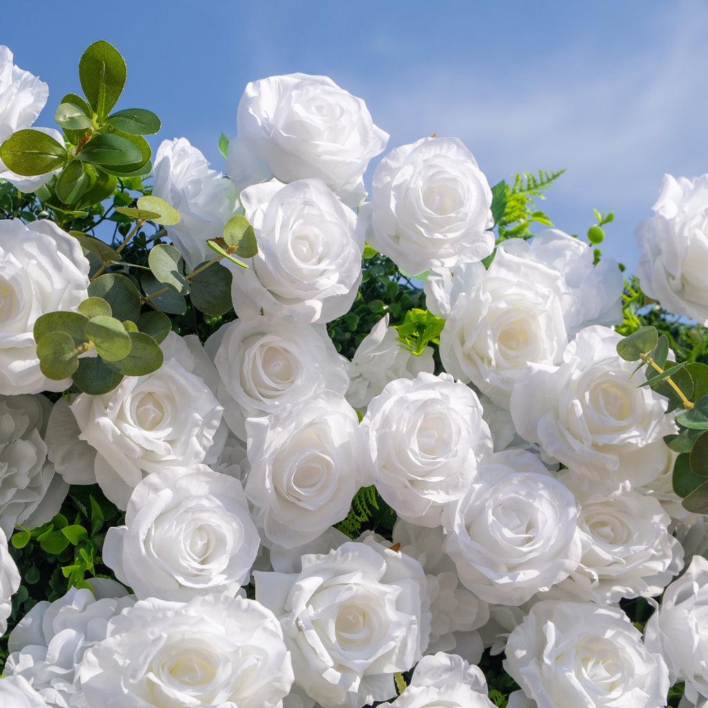Seren | 3D Luxury White Rose & Greenery Event-Ready Silk Floral Wall Backdrop for Elegant Ceremonies & Garden Receptions | Shipping Included