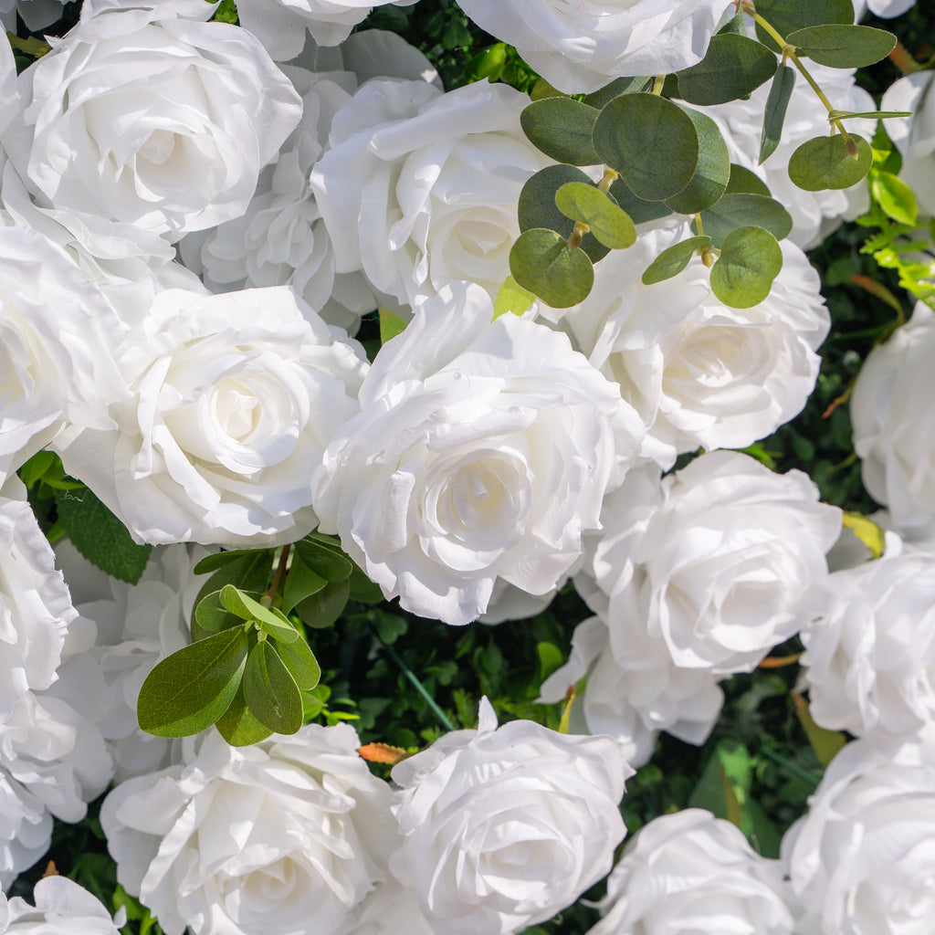 Seren | 3D Luxury White Rose & Greenery Event-Ready Silk Floral Wall Backdrop for Elegant Ceremonies & Garden Receptions | Shipping Included