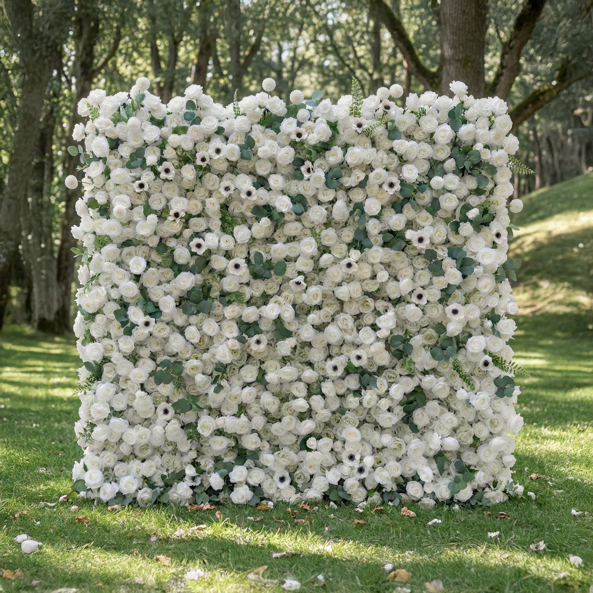 Veda | 5D Elegant White Silk Rose & Greenery Wall Roll-Up Fabric Backdrop for Grand Weddings & Ceremonies | Shipping Included