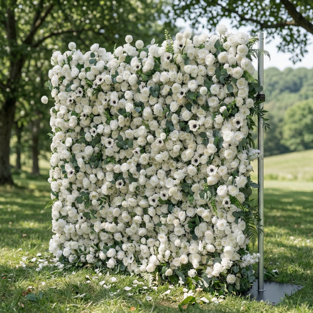 Veda | 5D Elegant White Silk Rose & Greenery Wall Roll-Up Fabric Backdrop for Grand Weddings & Ceremonies | Shipping Included