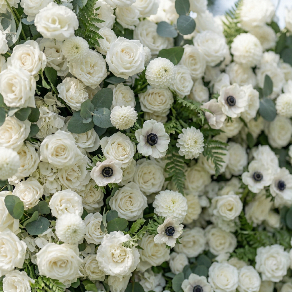 Veda | 5D Elegant White Silk Rose & Greenery Wall Roll-Up Fabric Backdrop for Grand Weddings & Ceremonies | Shipping Included