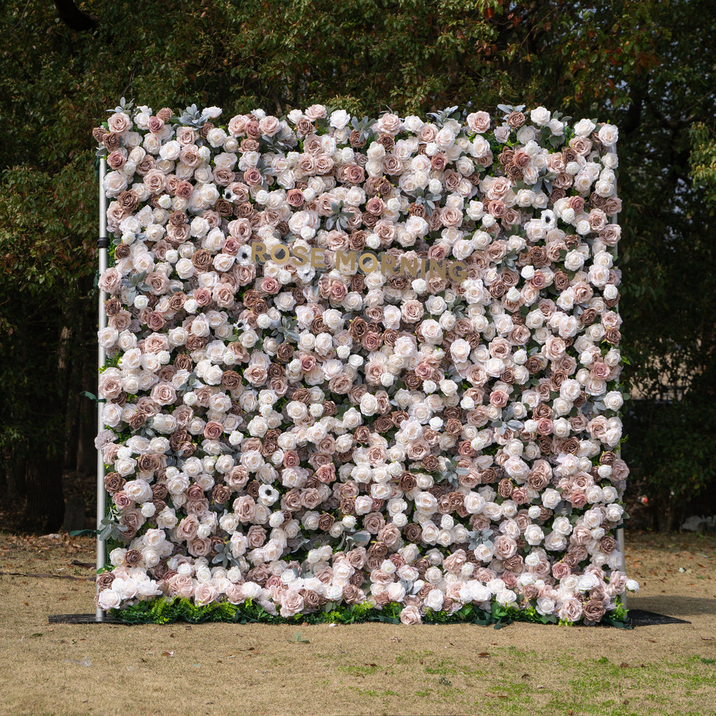 Ziven | 5D Elegant Latte & Ivory Event-Ready Silk Rose Floral Wall Backdrop for Luxury Wedding & Modern Interior Decor | Shipping Included